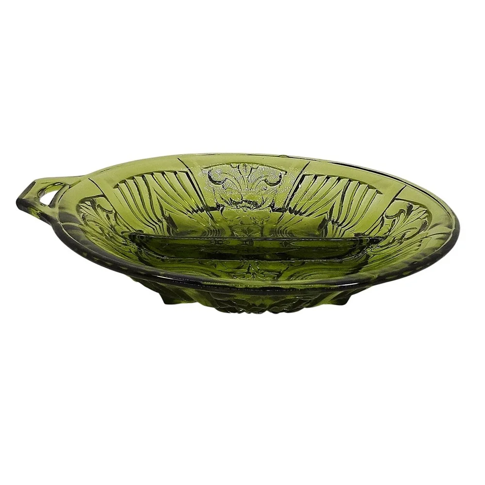 Vintage Indiana‎ Glass Killarney divided candy dish green glass with handles